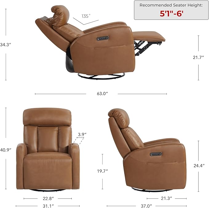 CHITA Leather Power Swivel Recliner Chair for Adults, Triple Motor Electric Rocker Recliner for Living Room with Adjustable Headrest and Lumbar Support, USB & Type-C Charging Ports, Saddle Brown