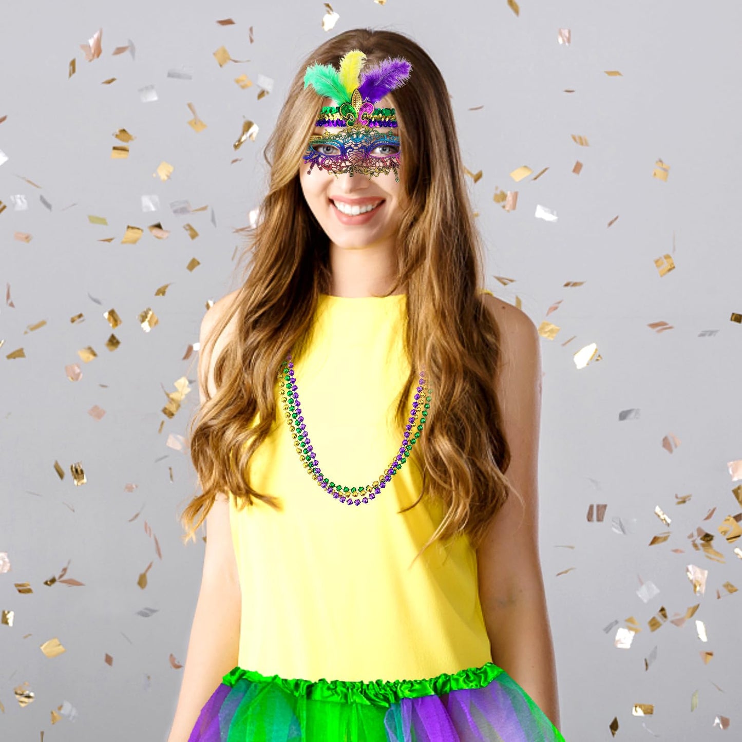 Dolkoic Mardi Gras Costume Accessory Set with Headband Tutu Skirt Mask Mardi Gras Beads Stocking 80s Cospaly for Women and Girls
