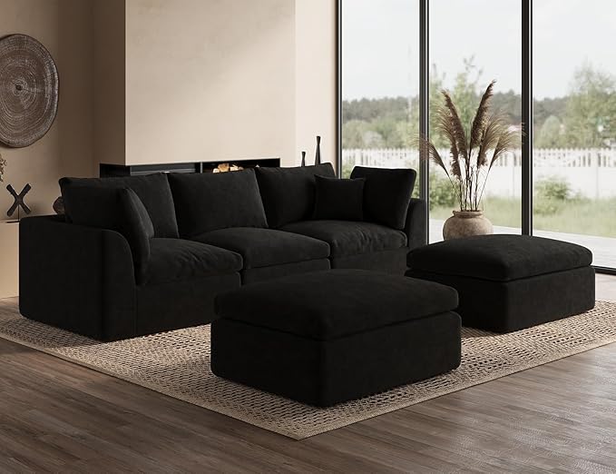 ohllob 110" U Shaped Couch, Cloud Sectional Couches for Living Room, Boneless Couch with Ottoman, 3 Seater Modular Sectional Sofa, Black