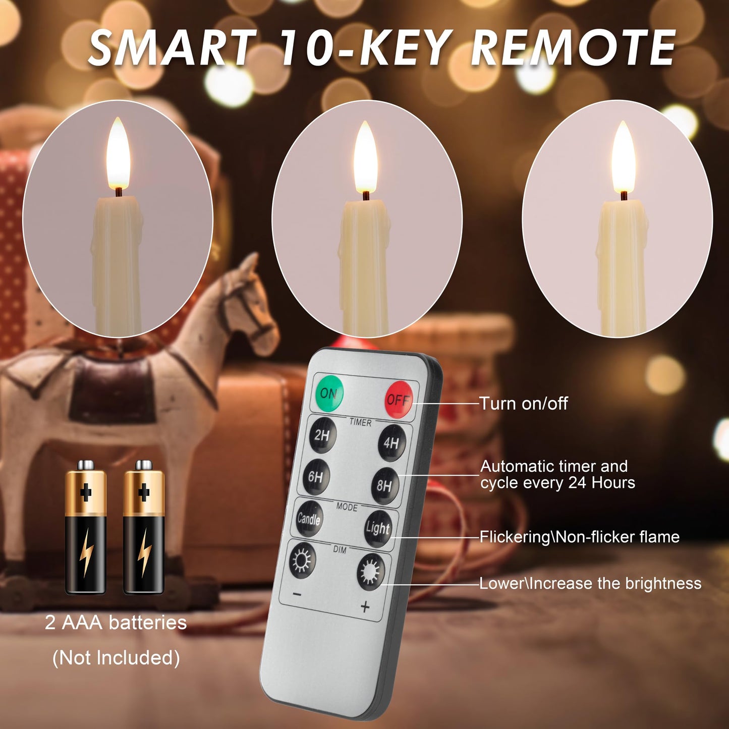 AFINETH Flameless Taper Candles with Rmote, 9.6" Dripless Battery Operated Candles, 3 Pack Real Wax Led Candle Flickering Candlesticks with 3D Flame, Fake Candles for Home, Wedding, Party, Ivory