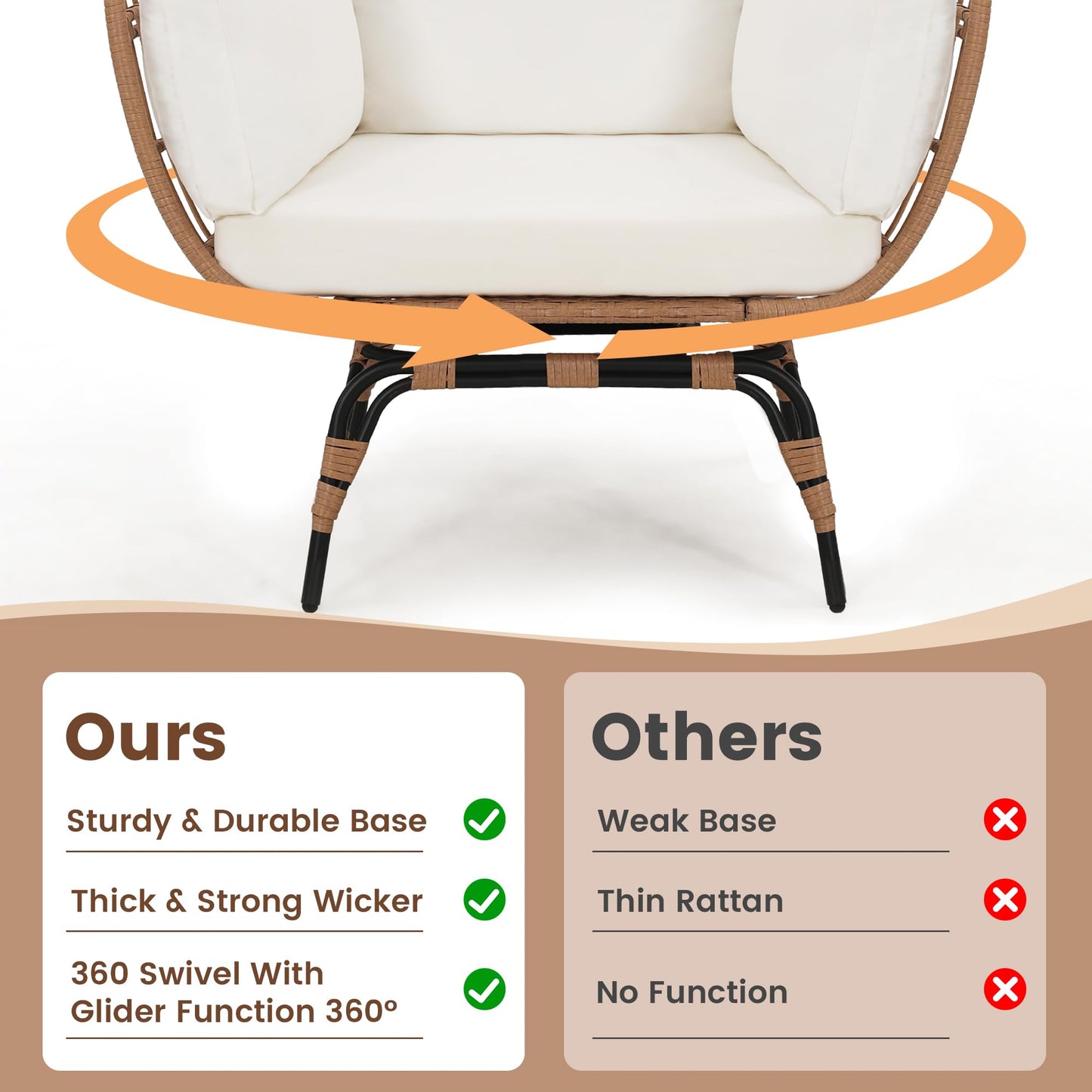 Murago Oversized 360 Swivel Rattan Egg Chair for Adult, Indoor Outdoor Patio Large Wicker Egg Chair with Overstuffed Cushions, 440lb Weight Capacity, Natural Rattan with Beige Cushion
