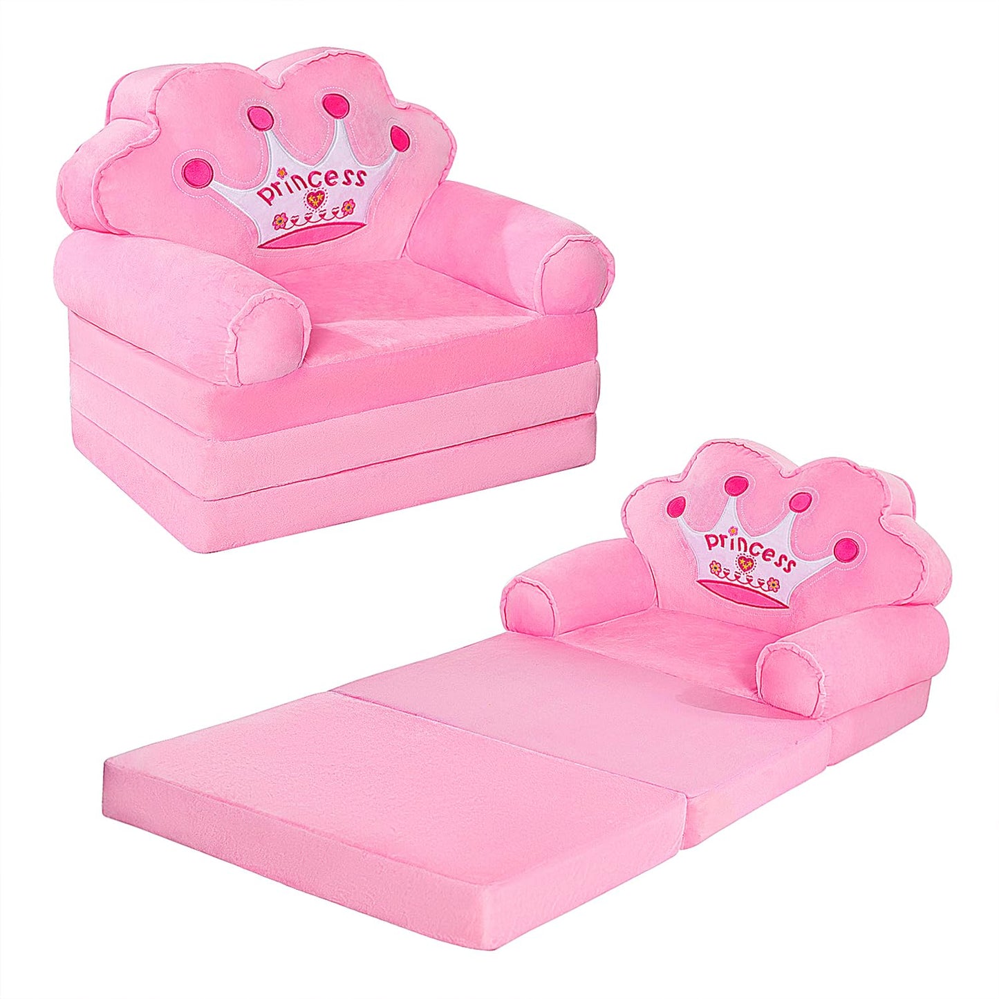 MOONBEEKI Kids Couch Fold Out, Foldable Princess Chair for Toddlers 1-3, Sofa Bed for Kids Folding Toddler Bed Lounger Chair for Bedroom （Pink）