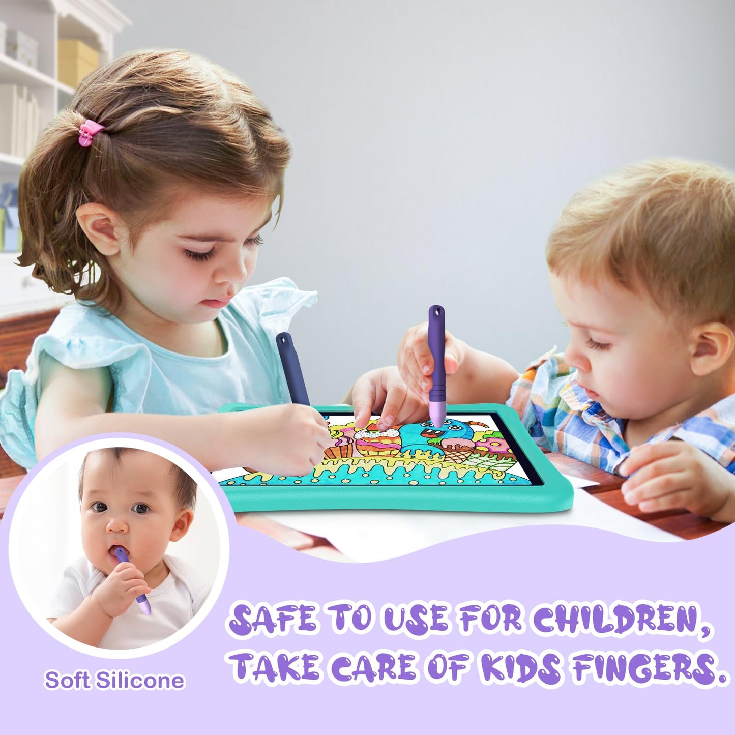 Kid-Friendly Stylus Pens for Touch Screens with Tethers - Mixoo Anti-Rolling Tablet Stylus 2 Pack for Kids, Compatible with iPad, iPhone, Tablets, Kindle and All Touch Screen Devices (Blue+Purple)