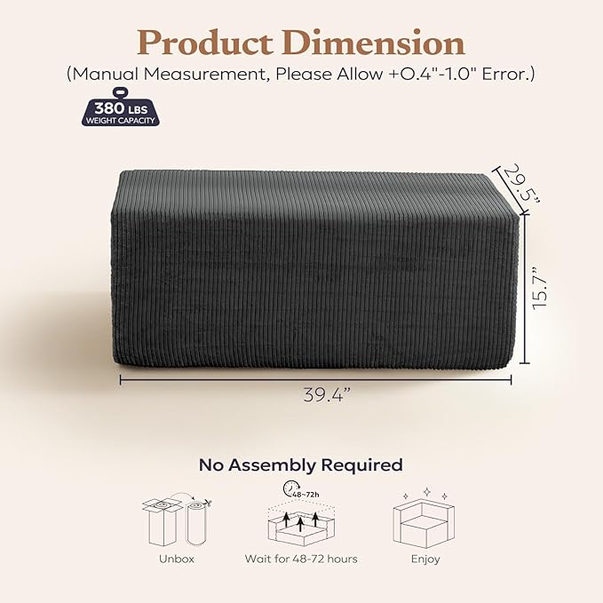 Furnify 40" Memory Foam Couch Footrest, Cloud Modular Sofa with Removable Cover, Upholstered Floor Sofa Ottoman, Upholstered Sofa for Bedroom Living Room, No Assembly Required (Corduroy Fabric, Grey)