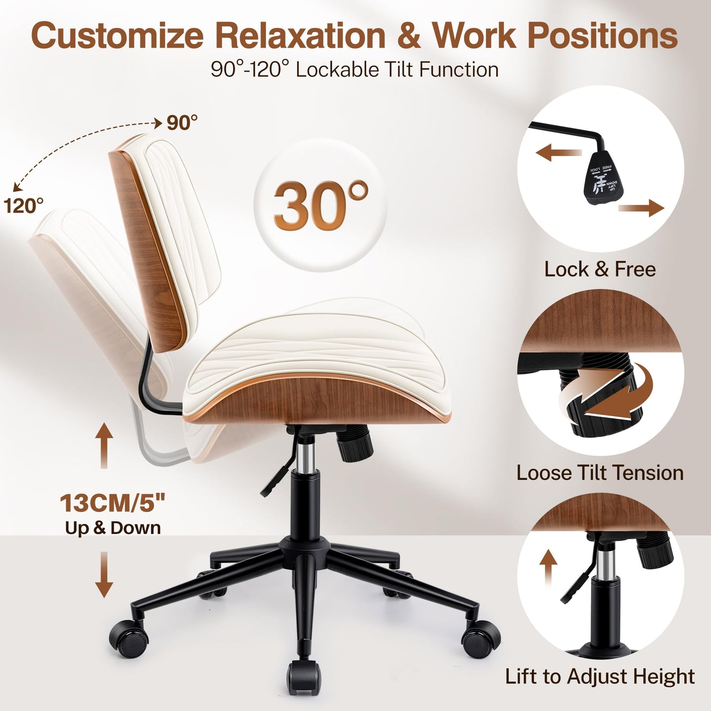 Ergonomic Armless Office Desk Chair - Mid-Century Modern White Faux Leather with Diamond Stitch, Adjustable Height Swivel Rolling Task Computer Chair with Walnut Accent for Home Office, Study & Work