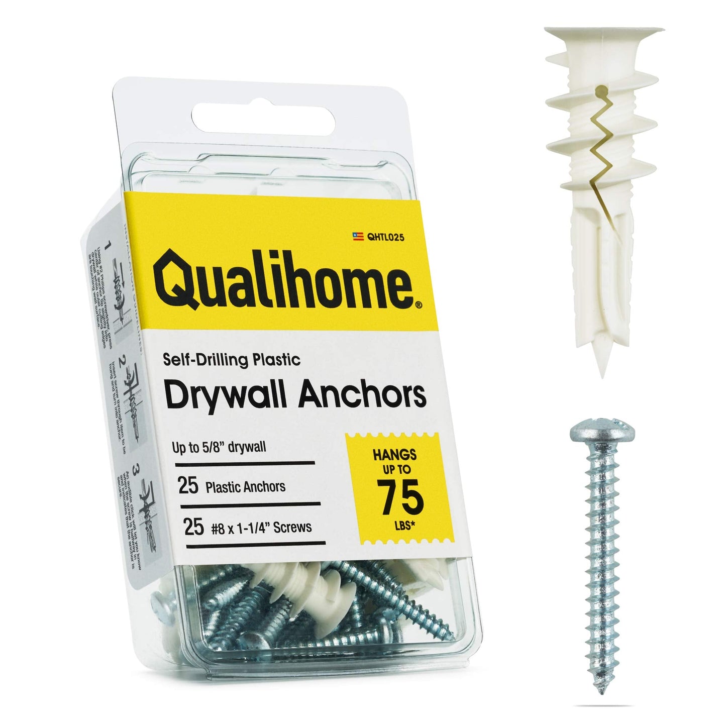 #8 Self Drilling Drywall Plastic Anchors with Screws - No Pre Drill Hole Preparation Required - 75 Lbs (25 Pack)
