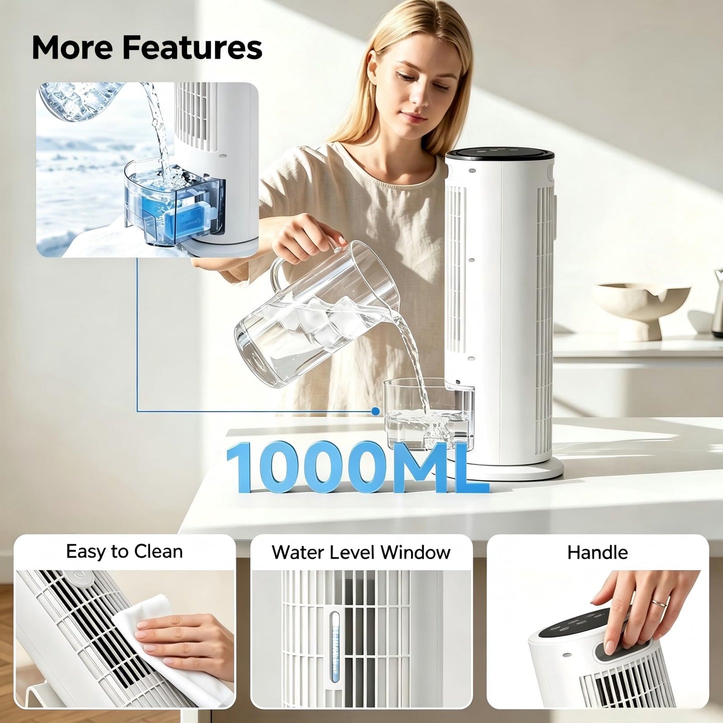 Portable Air Conditioners,2026 Upgraded DC Motor, 25ft/s High Velocity,1000ML Tower Fan with Remote,3 Wind Speeds&Turbo Mode,2 Mist,10H Timer,90° Oscillating Cooling fan for Home,Office(White)