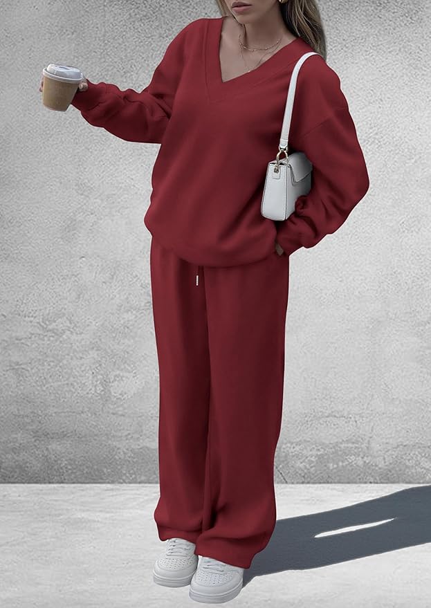 PRETTYGARDEN Casual Winter Two Piece Sets for Women 2026 V Neck Sweatshirt Loose Wide Leg Pants Tracksuit Knit Fall Outfits