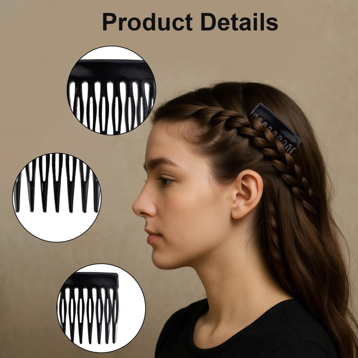 4pcs French Side Comb, Black Small French Slide Hair Comb Decorative Bun Hold Clips Strong Hair Styling Accessories for Girls &
