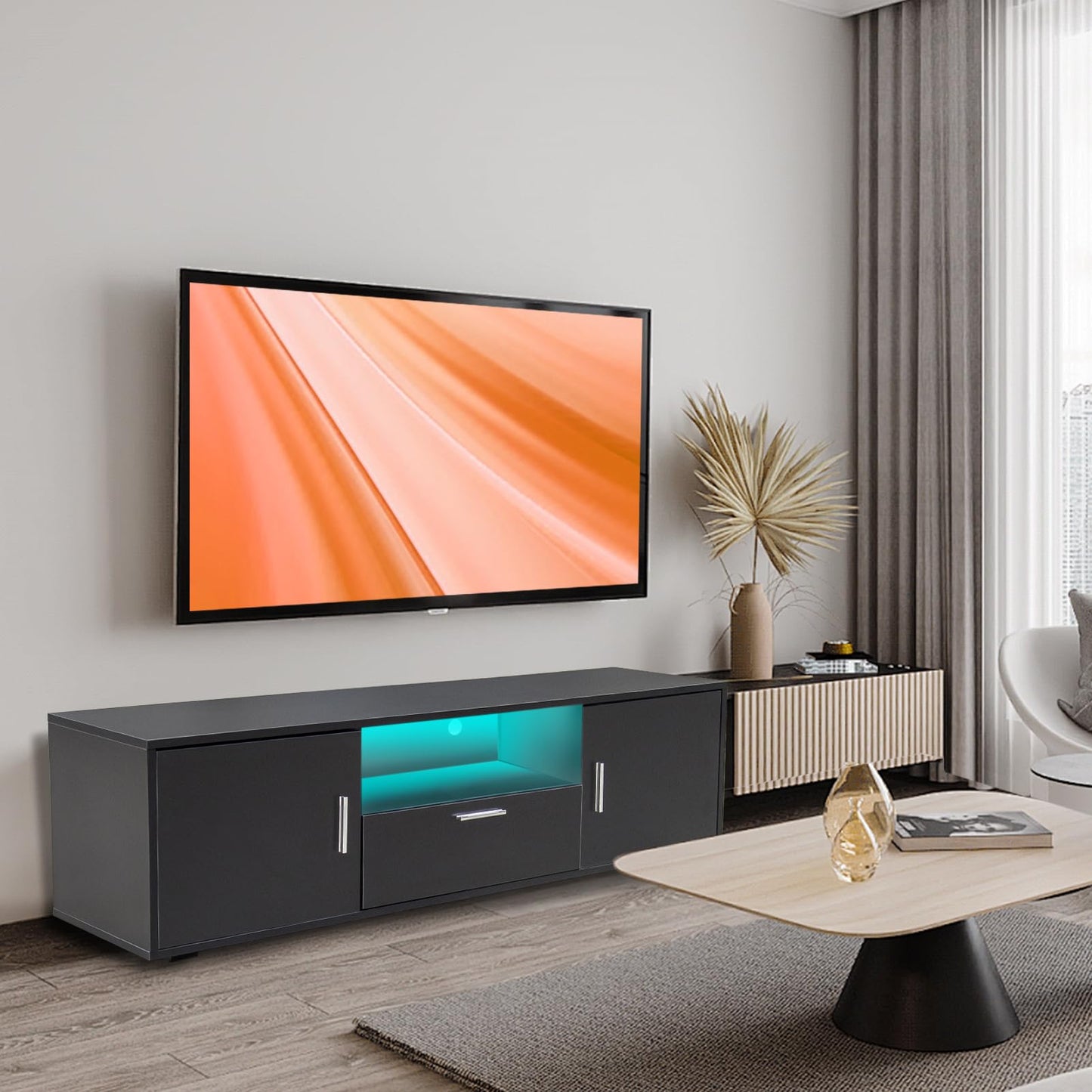 amadecohome 55 Inch TV LED TV Stand, Morden TV Console Table Entertainment Center, Gaming TV Cabinet for Living Room Bedroom Office Home Apartment Furniture (Black TV Stand with 4 Storage)