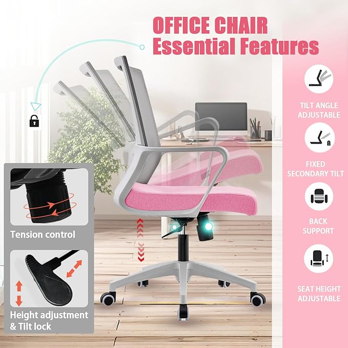 Msdizuo Office Chair ergonomically Designed with Breathable mesh backrest and Lumbar Support Adjustable Height Suitable for Offices Homes bedrooms Study Rooms (Pink)