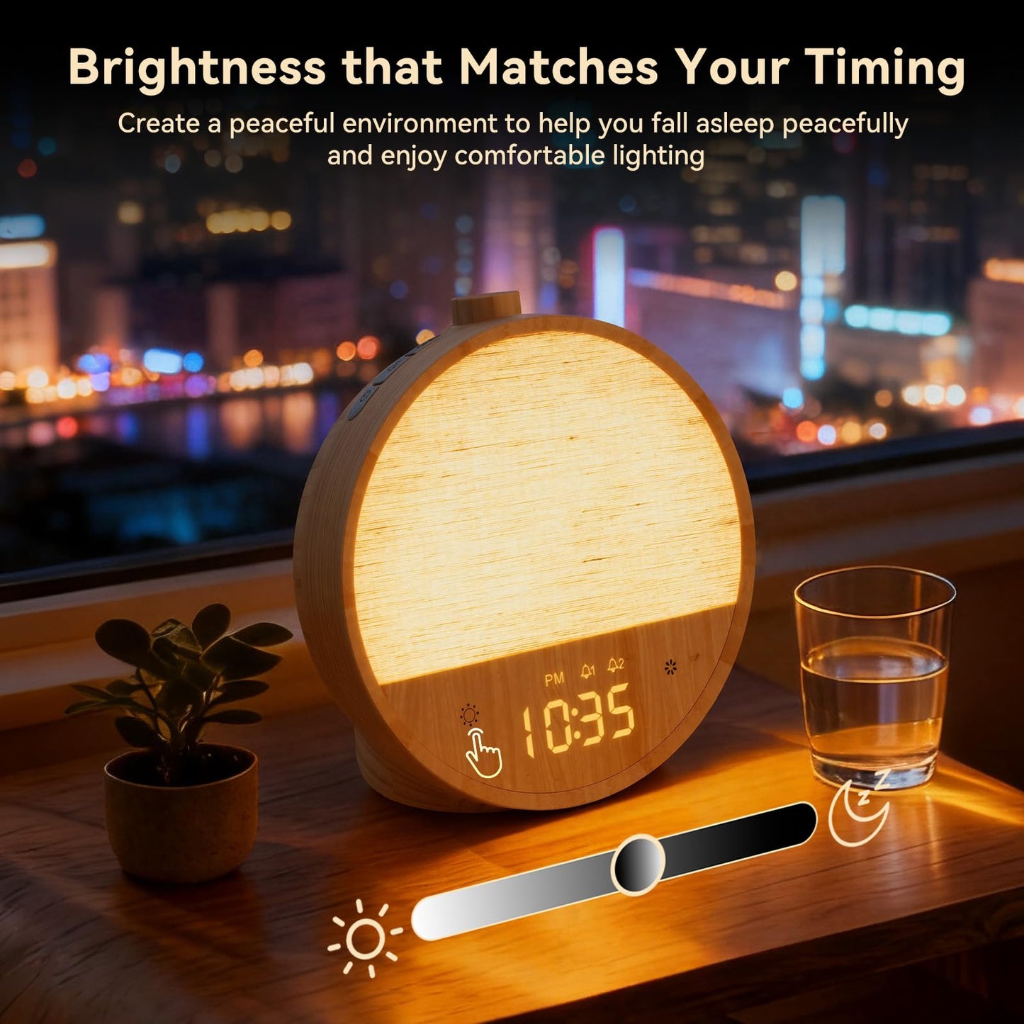 Vivilumens Wood Grain Sunrise Alarm Clock, Gentle Wake-Up Light Sound Machine, Dual Alarms for Heavy Sleepers, Natural Sounds, RGB Mood Light, Dimmable Bedside Night Lamp, Ideal for Bedroom & Gifts