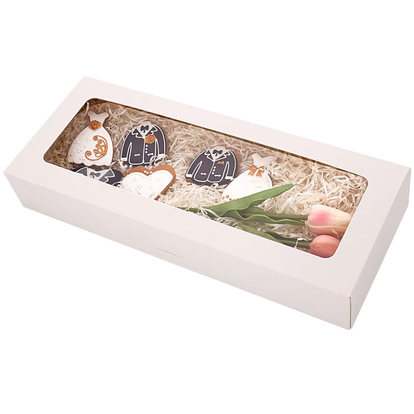 RIFMEAE 20-Pack 16" x 6.5" x 2.5" Cookie Boxes with Window, White Bakery Boxes, Strawberry boxes, Long Treat Boxes for Strawberries and Pastries
