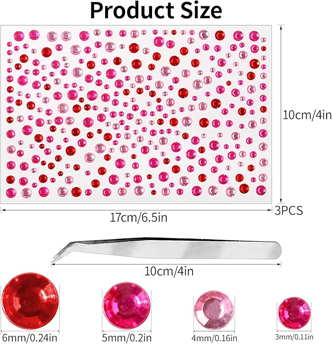 Self Adhesive Face Gems and Pearls for Makeup, Festival Jewels, Hair Gems, Rhinestone Stickers for Face, Eye, Makeup, Nail, Body, Crafts 3/4/5/6 mm 975Pcs (09.gem_red+Pink+Rose)