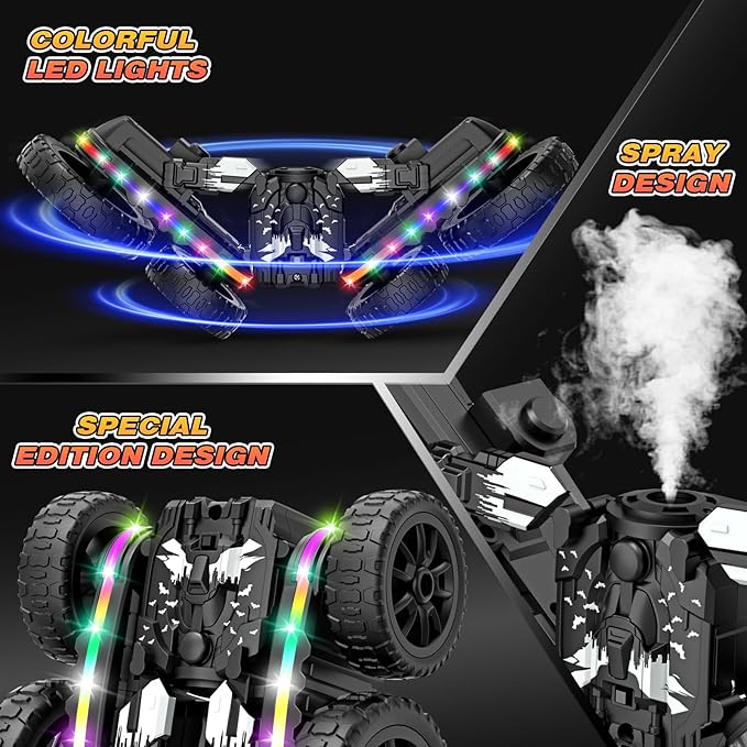 RC Cars Toys, 2-in-1 Remote Control Car Transform 4WD with Spray & LED Lights, 2.4GHz Off-Road Stunt Truck for 360° Flips Gift for Boys Age 8-12 (Black)