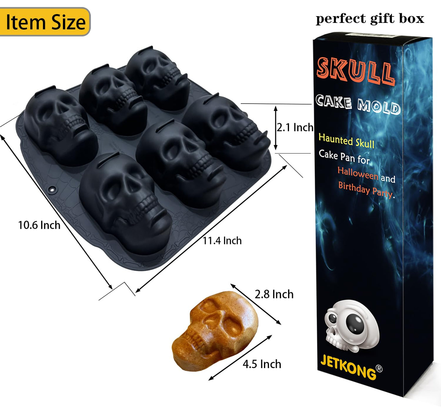 JETKONG 6 Cavity Skull Cake Pan and Silicone Skull Cakelet Mold