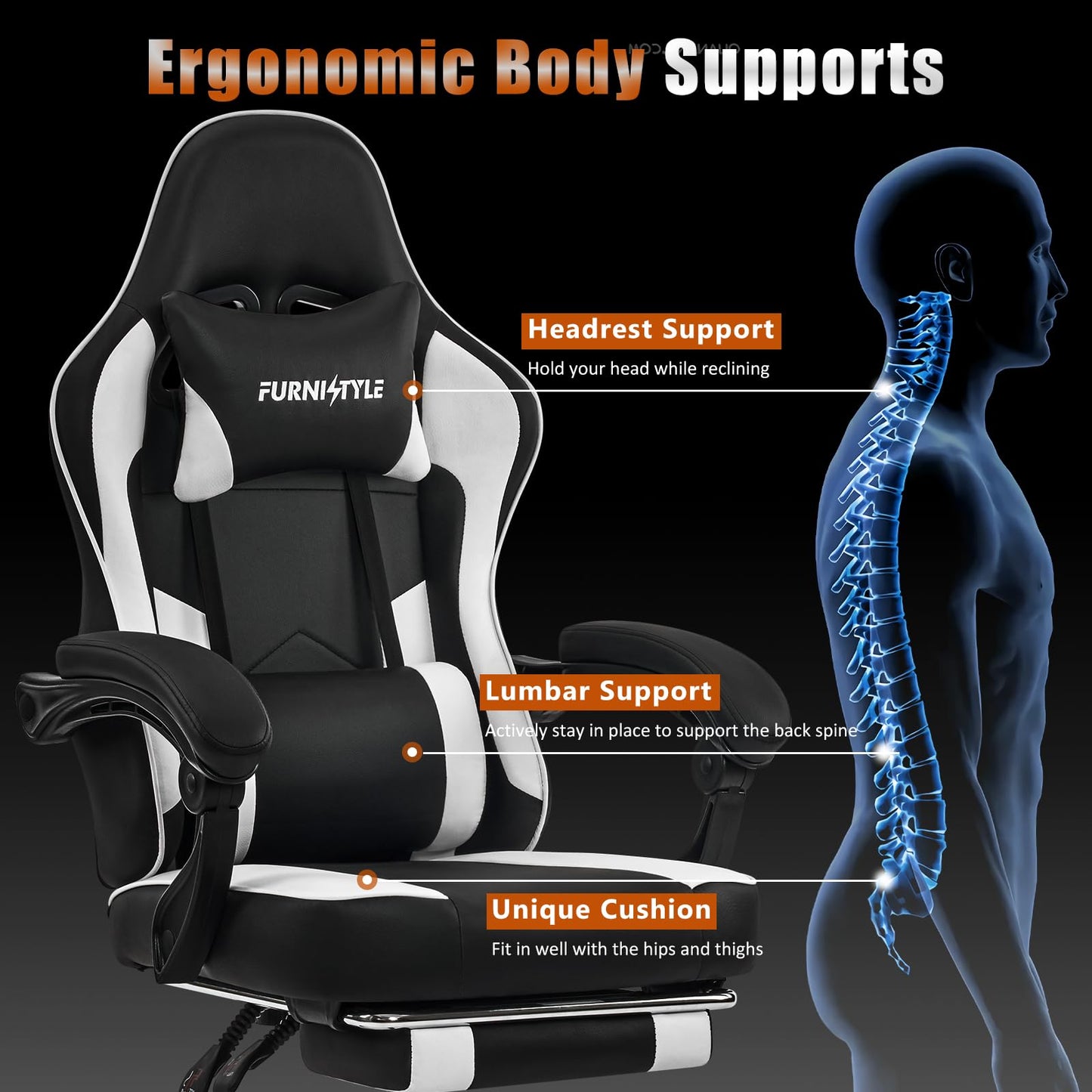 Gaming Chair with Footrest, Reclining Video Game Chairs for Adults with Lumbar Support, Linkage Armrests, Ergonomic Computer Chair for Gaming or Office, PU Black-White