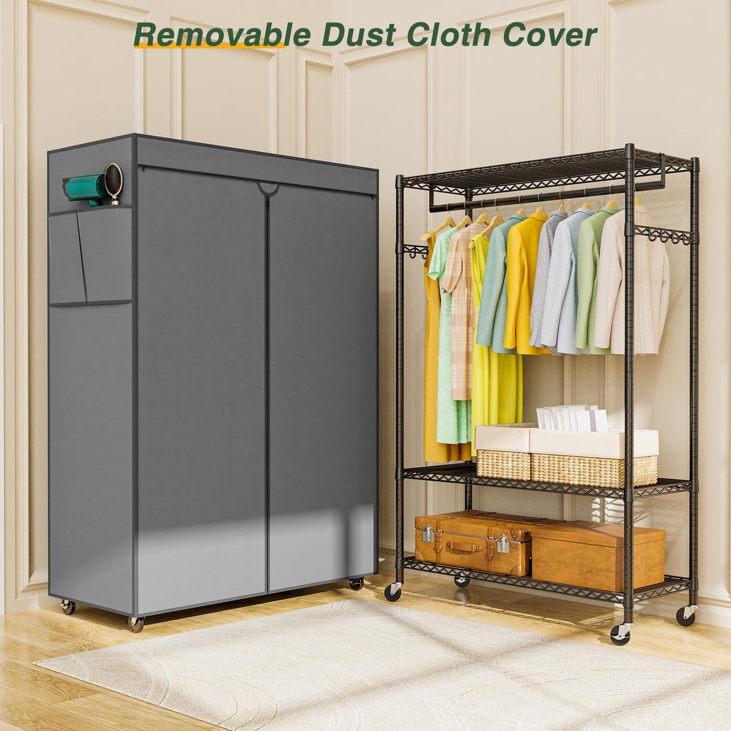 LEHOM G1C Heavy Duty Clothes Rack with Cover, Rolling Garment Rack for Hanging Clothes, Portable Closets with Oxford Fabric Cover, Freestanding Clothing Rack on Wheels, Storage Wardrobe for Bedroom