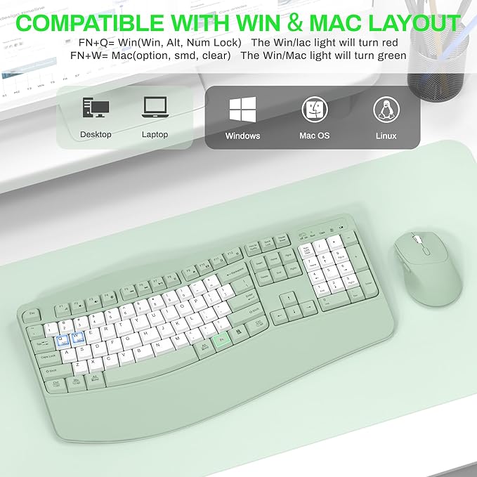 Wireless Keyboard and Mouse Combo,2.4G Full Size Wave Keys Ergonomic Keyboard with Wrist Rest for Natural Typing, 3 DPI Adjustable Ergonomic Mouse for Computer/Laptop/Windows/Mac (Avocado Green-B)