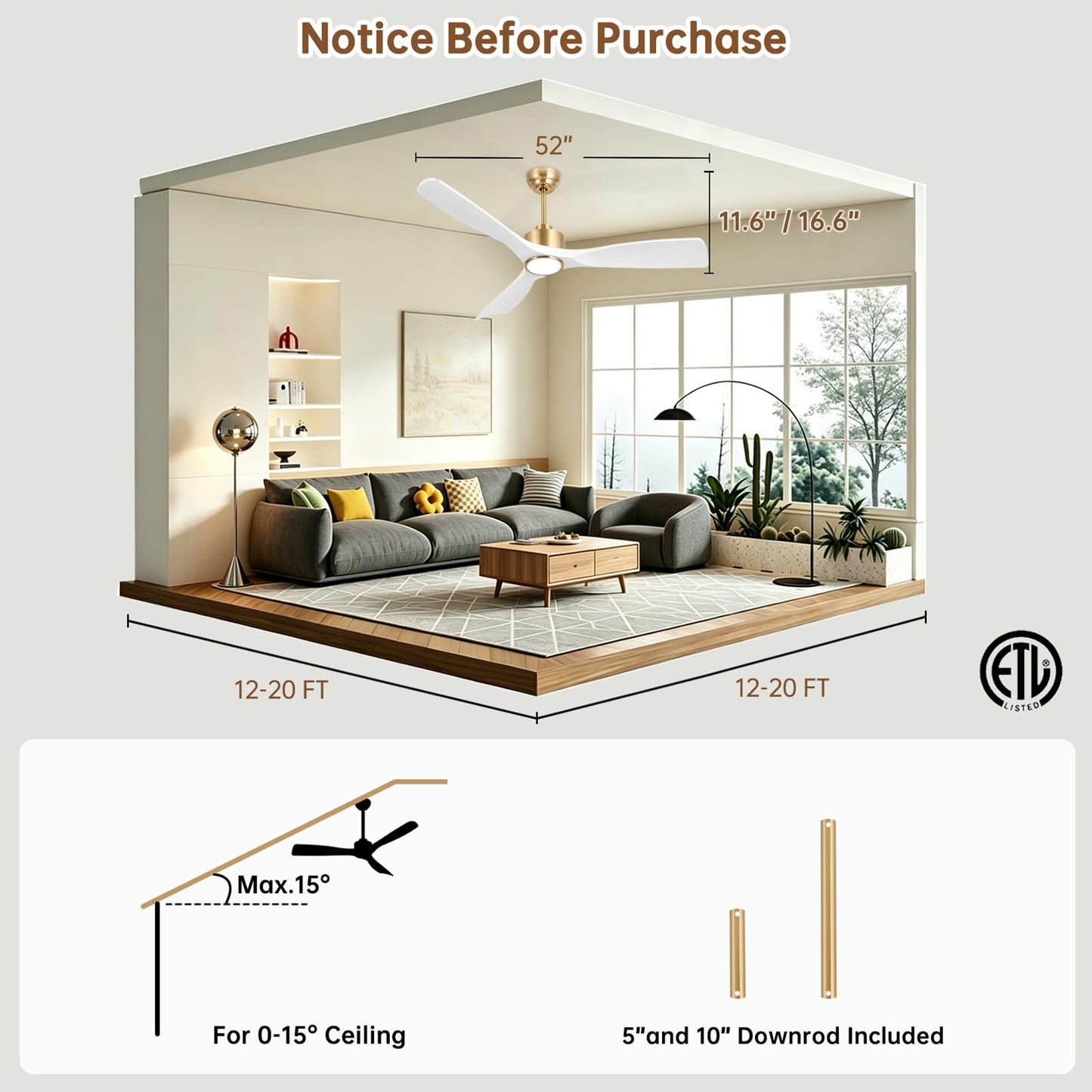 Ovlaim 52 Inch Smart Ceiling Fan with Light Remote, 6 Speed Quiet DC Motor High CFM, 3 Blade Modern White Gold Ceiling Fan for Bedroom Living Room, ETL Certified