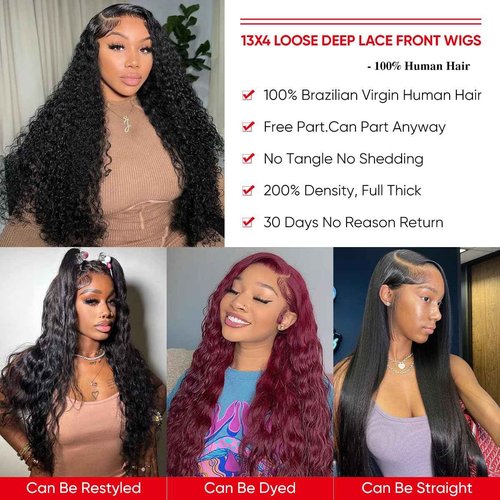 CrownGlory Loose Deep Wave Lace Front Wigs Human Hair Pre Plucked 13X4 Transparent Loose Wave Wig with Baby Hair for Women(Natural Color, 30 Inch)