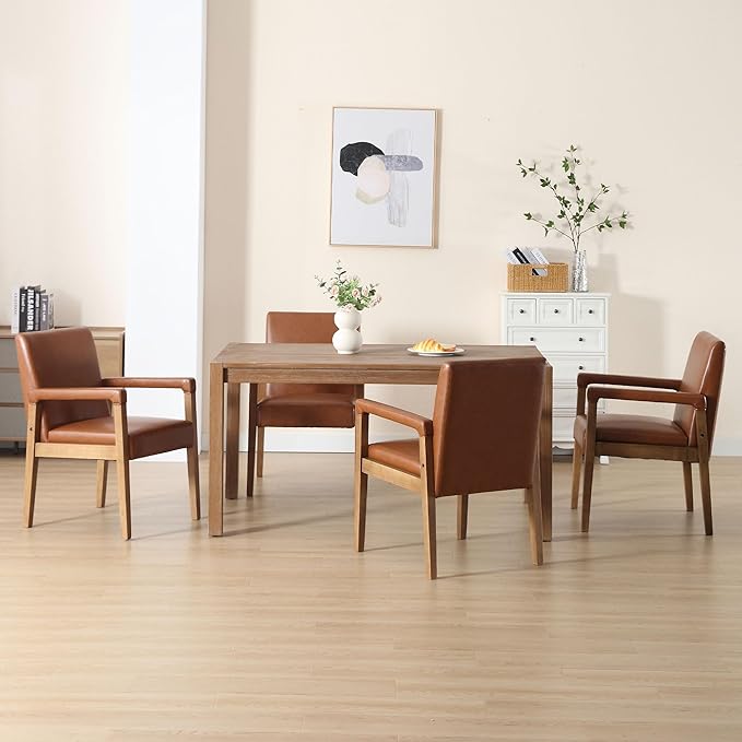 DM Furniture Mid Century Modern Dining Chairs Set of 6 Faux Leather Upholstered Accent Chairs Comfy Kitchen Chairs with Solid Wood Frame Armchair for Living Room, Brown