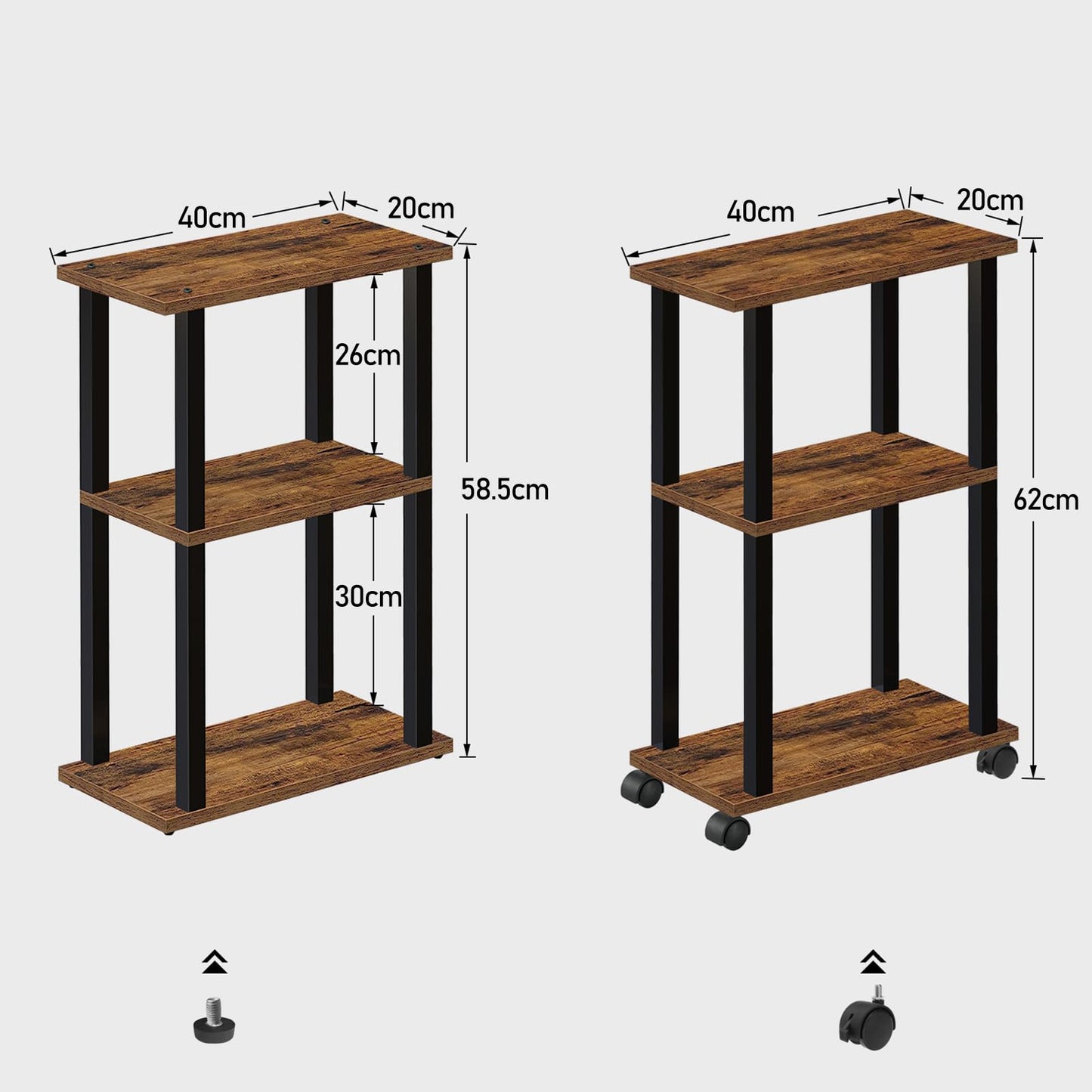 TUTOTAK Small Side Table, Narrow End Table, Bedside Table, Set of 2, Couch Side Table with Wheels for Living Room or Bedroom, Brown V1TB01BB0612EU
