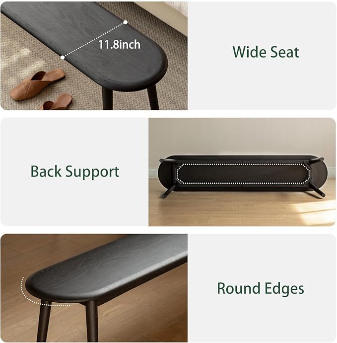 Vadisun 47'' 100% Solid Oak Wood Dining Bench,Rounded Corner Baguette Shape Chair Surface Design,Entryway Bedroom Bed End Bench (47.3inch, Black)
