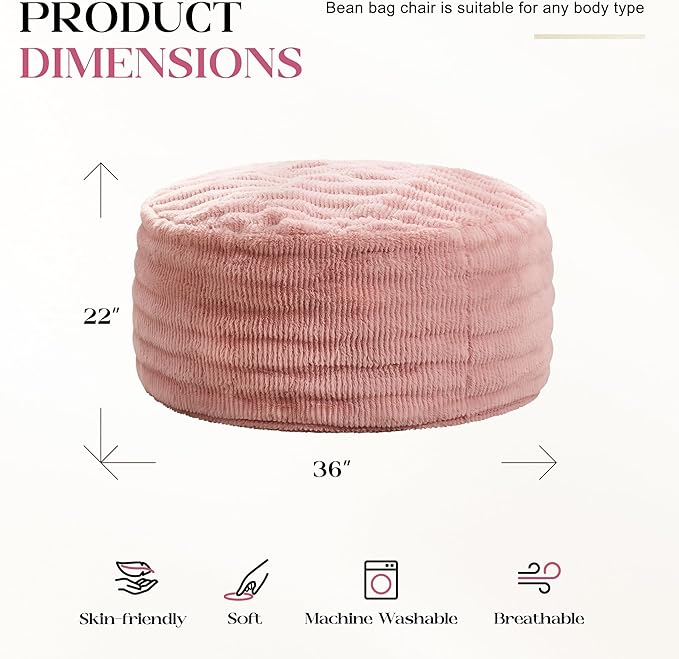 Hobestluk Bean Bag Chairs Beanbag Chair with Filler Adult Bean Bags with Fluffy Ripple Cover, Giant Bean Bag Chairs for Adults (Pink, 3FT - 36" x 36" x 22")
