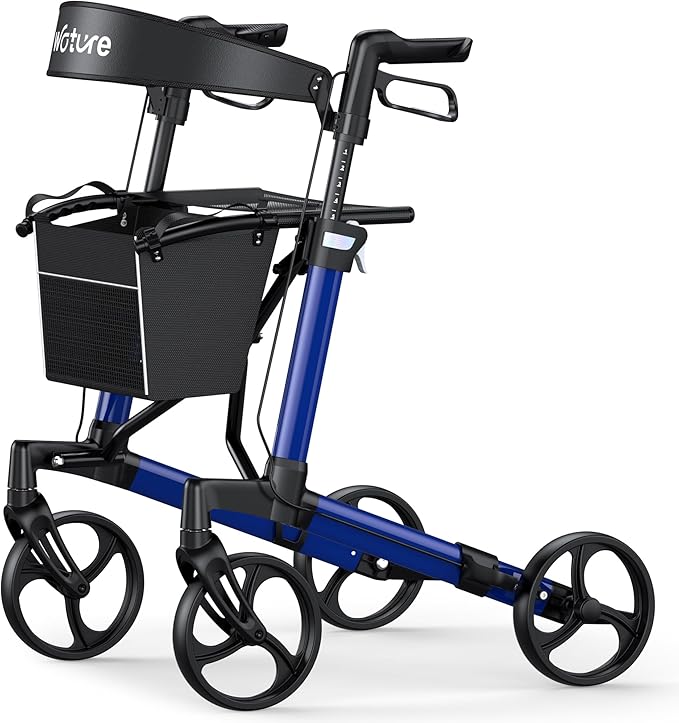 WOTURE Rollator Walker with Seat, Lightweight Rolling Walker, Foldable Rollator Walker for Seniors, 8" Big Wheels for All Terrain, Dual Height Adjustment, Only 16 Ib, Blue