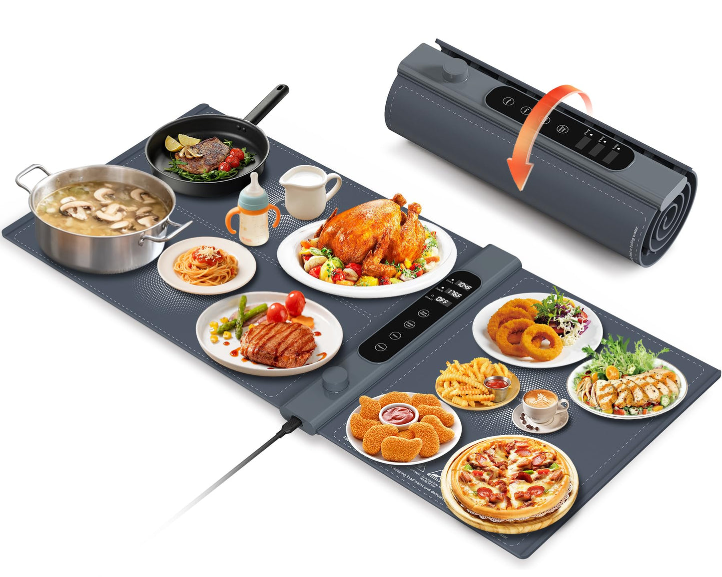3-Zone Independent Warming Mat for Food 40"x17" XXL, Food Warming Mat with 17 Precise Temp Levels & 1–6H Timer, Heating Mat for Food, Silicone Roll-Up Food Warmer & Warming Tray for Party Buffets