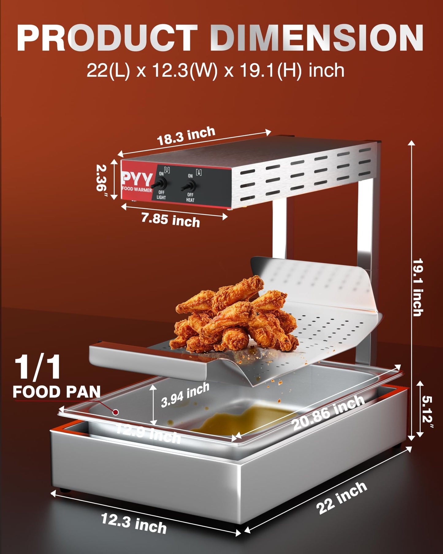 PYY French Fry Warmer - Update Commercial Food Heat Lamp Fry Dump Station Chip Warmer Food Warmer Adjustable Height 7.9"-11" Temp 86°F-156°F Countertop Freestanding for Restaurant Buffet