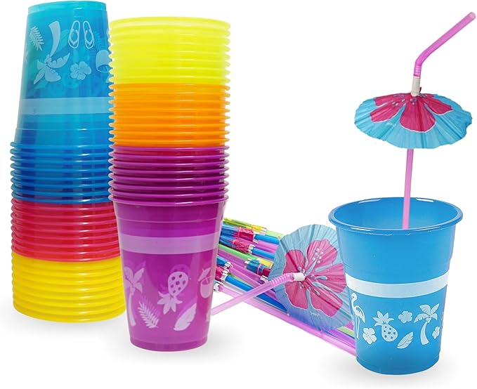 4E's Novelty 48 Packs Tropical Party Cups with Parasol Straws - Disposable Plastic Cups 16oz BPA free, for Hawaiian Luau P...