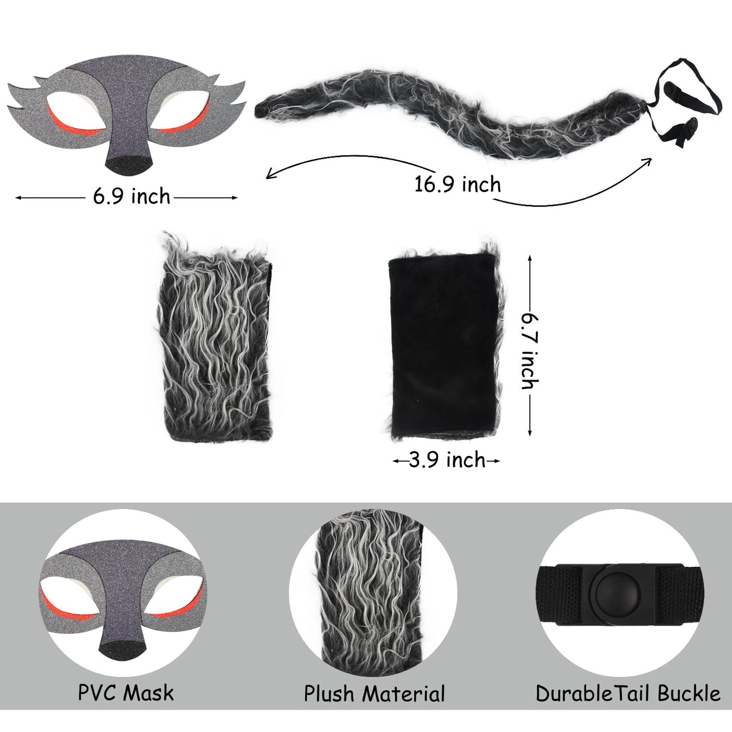 HODRME 5 Pieces Wolf Ears and Tail Set-Grey Wolf Headband with Mask Tail Paw Gloves Cosplay Party Halloween Costume Accessories for Kids and Adults
