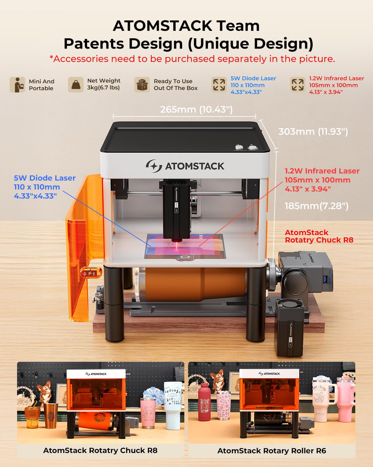 ATOMSTACK P1 Dual Laser Engraver, 5W Diode, 1.2W Infrared Laser, Laser Cutter, Enclosed Laser Engraving Machine, Beginners, Hobbyists, Stainless Steel, Black Acrylic, Unibody Laser, 2-in-1 Laser