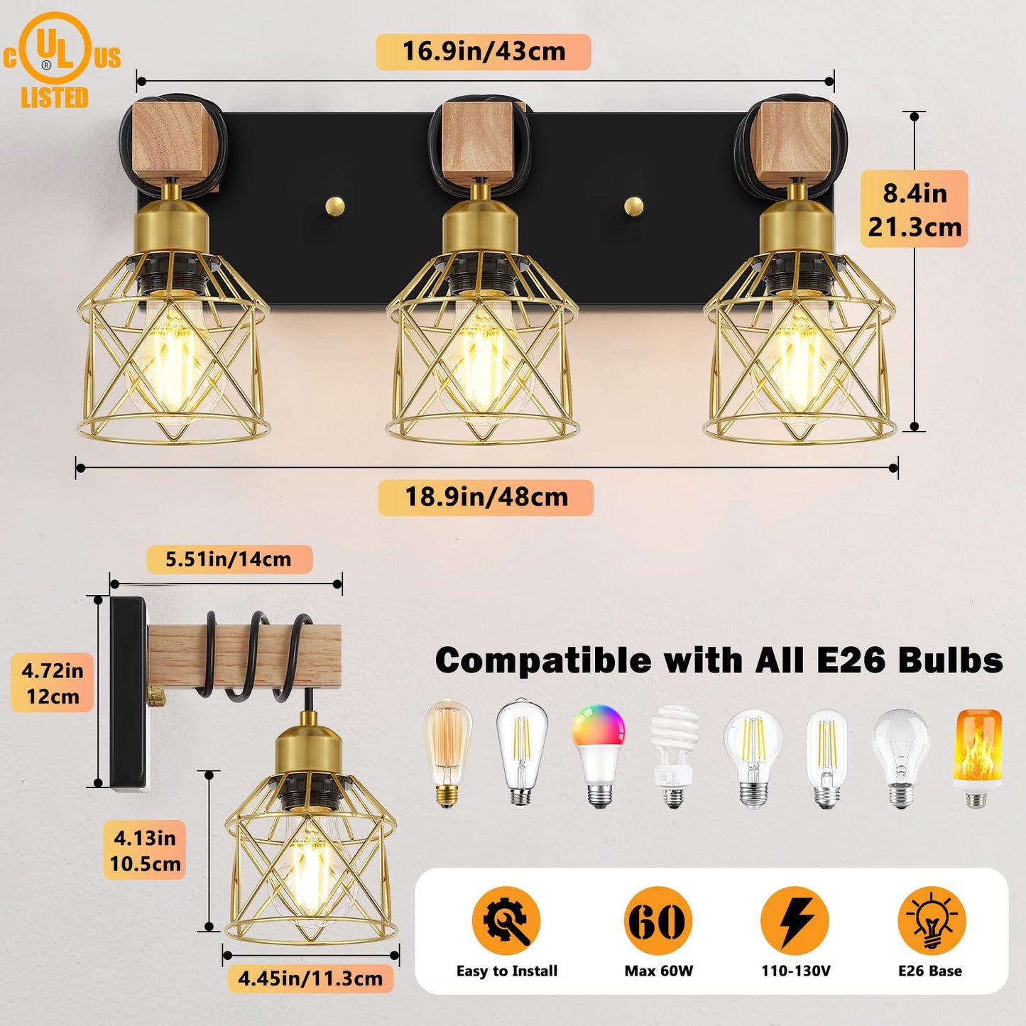 FadimiKoo Black and Gold Vanity Light, 3-Light Farmhouse Vanity Light, Bathroom Light Fixtures Over Mirror, Industrial Indoor Wall Mounted lamp for Bathroom, Living Room, Cabinet, Bedroom