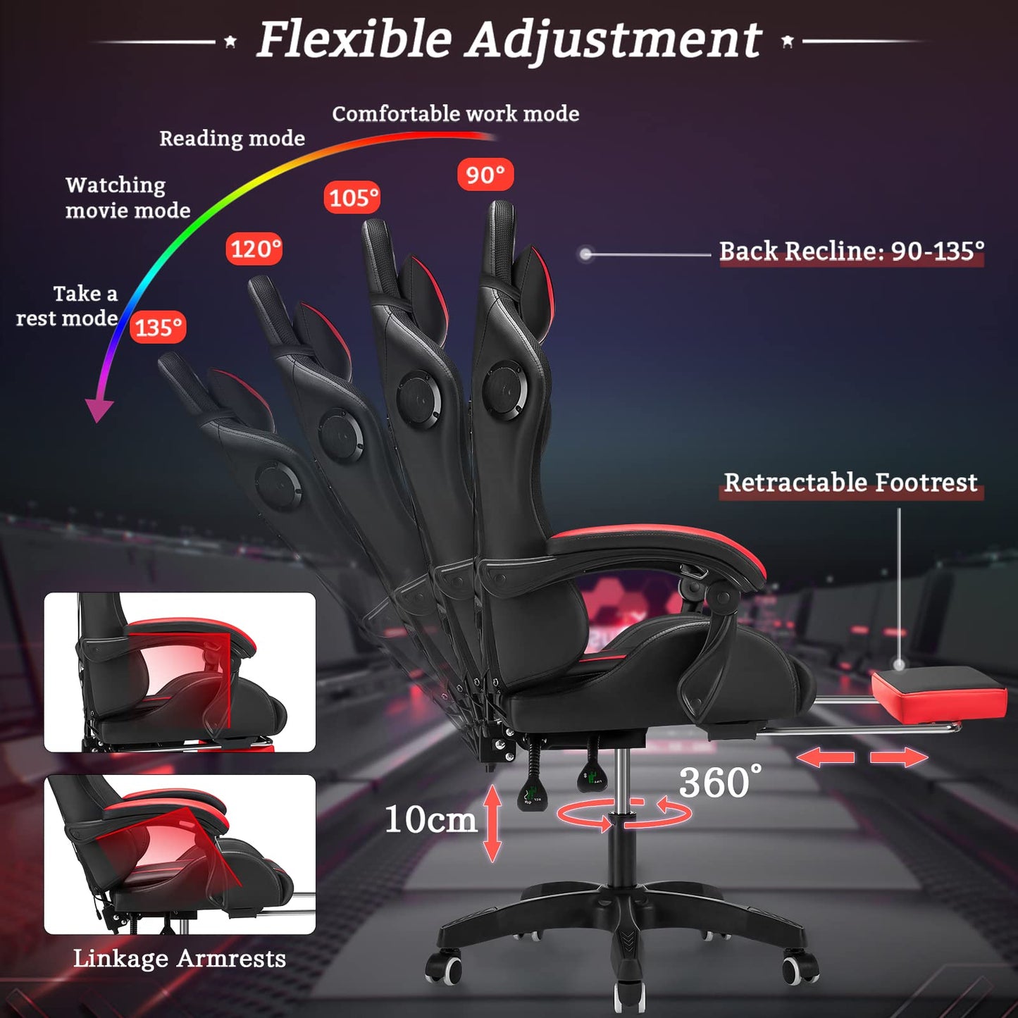 Gaming Chair with Speakers and LED Lights Ergonomic Computer Chair with Massage and Footrest Reclining Video Game Chair for Adults with Adjustable Lumbar Support Red and Black