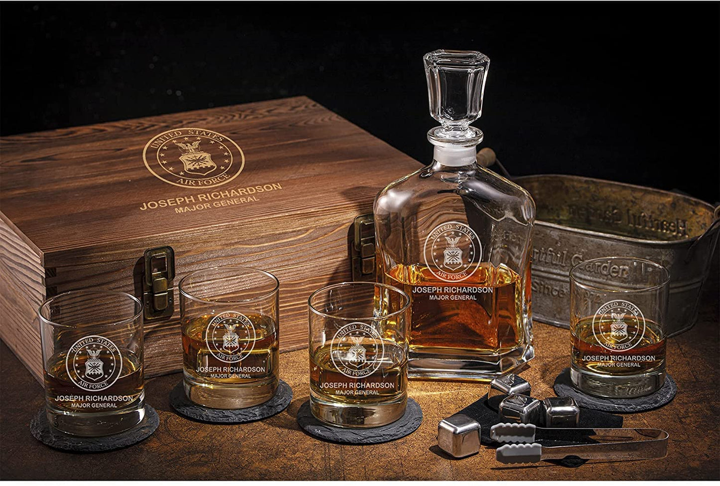 Personalized Whiskey Decanter Sets - For Military, Army, Navy, Air Force, Coast Guard, Marine - Active, Retired - Gift for Husband, Dad, Son - Custom Engraved Name, Rank, Date