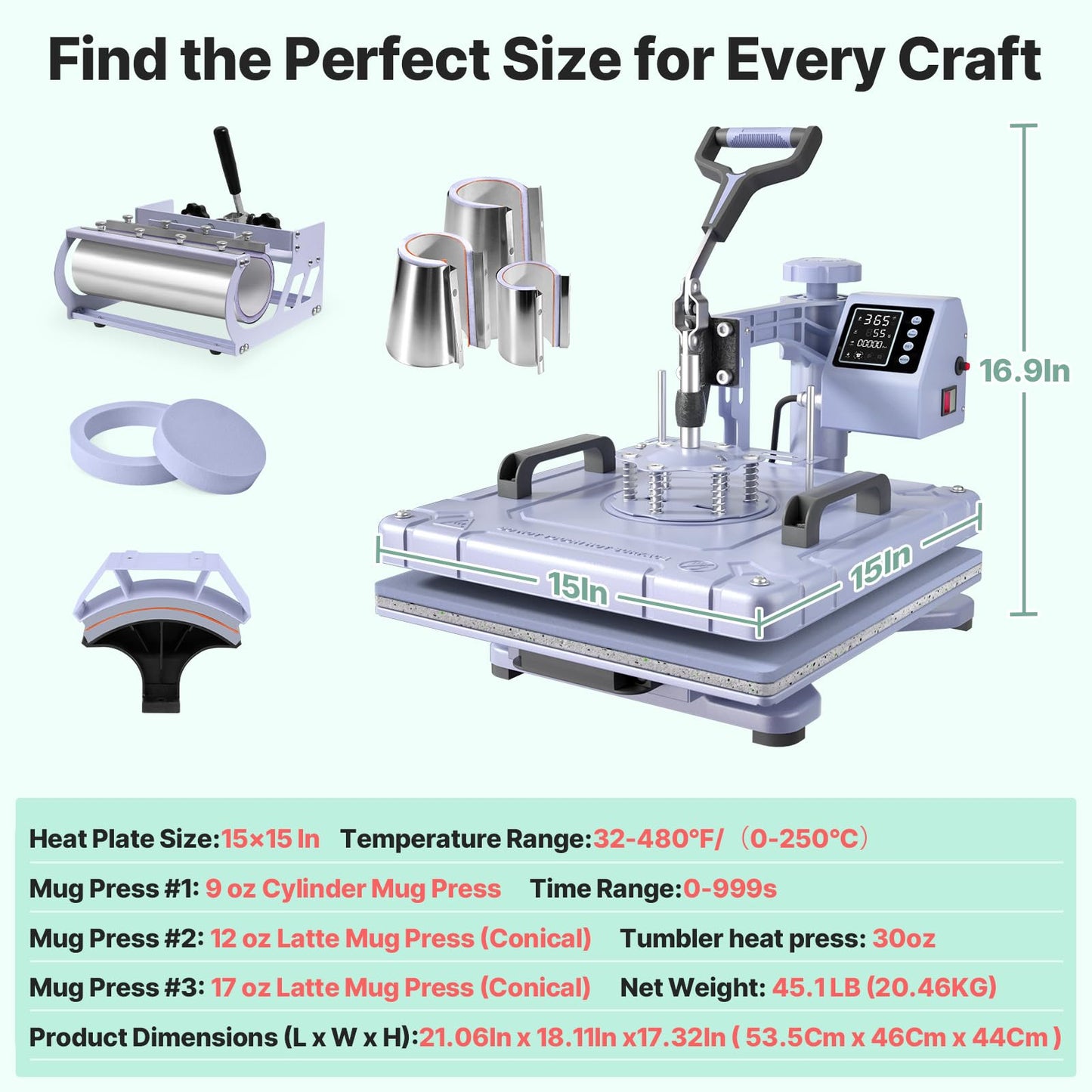 Slendor 8 in 1 Heat Press Machine 15x15 inch 360-Degree Swing Away Digital T Shirt Pressing Machine Multifunction Heat Transfer Sublimation Combo for T Shirts Mugs Hat Plate Cap, Lavender