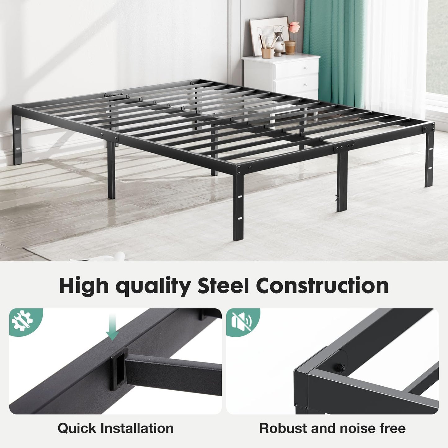 Sweetcrispy Queen Bed Frame - Heavy Duty Metal Platform Bed Frames Queen Size with Storage Space Under Frame, No Box Spring Needed, 14 Inches, Sturdy Steel Slat Support…