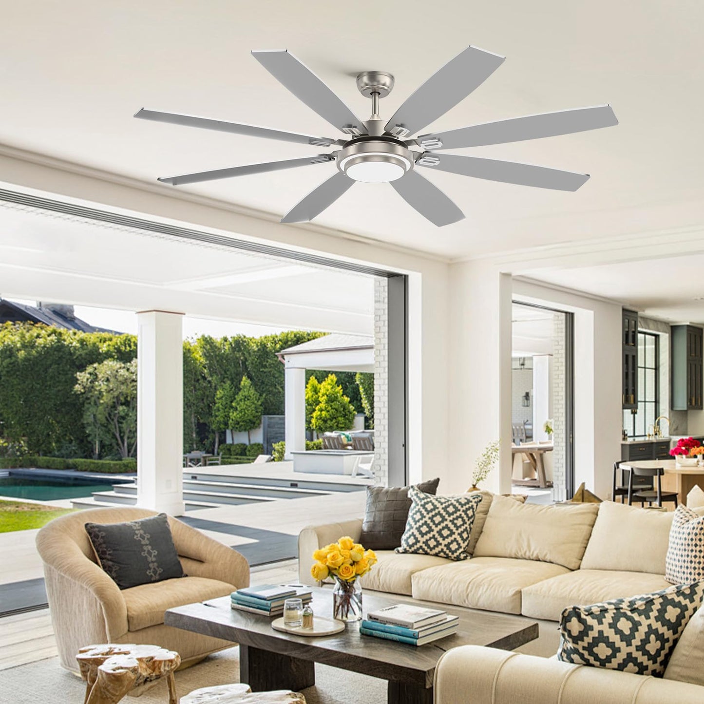 72 Inch Large Ceiling Fans With Lights And Remote Control, Modern Nickel Ceiling Fan With Quiet Reversible Dc Motor, Timer, 6 Sp