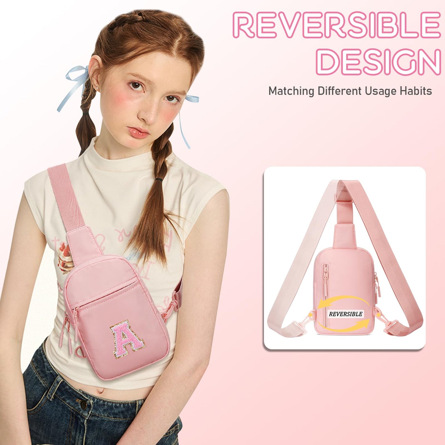 KKXIU Gifts for 6 7 8 9 10 11 12 Year Old Girls Initial Sling Bag Trendy Crossbody Fanny Pack for Teens (A, Pink)