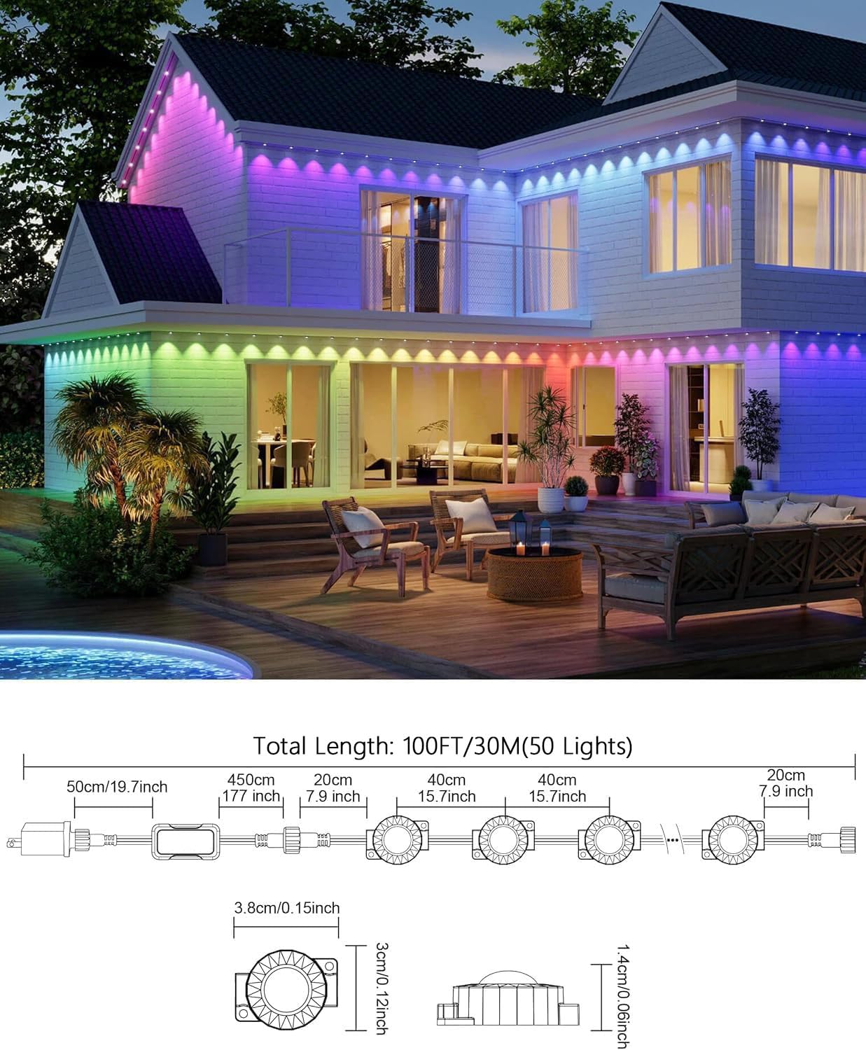 Permanent Outdoor Lights for House,100ft RGB+IC Smart Outdoor Decor,DIY Scene Modes, App/Remote Control,IP67 Waterproof, for Christmas,Holiday, Daily & Pool Party Decor, House Roof Lighting