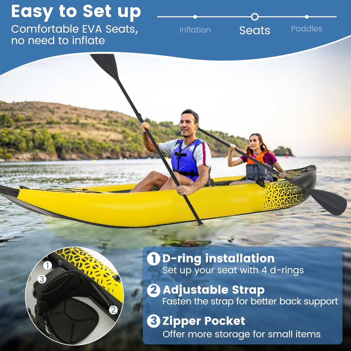 S AFSTAR Inflatable Kayak, 2 Person Canoe with 507 lbs Capacity, Drop-Stitch Floor, All Accessories & Carry Bag, 12.5 ft Large Sit in Tandem Kayak for Fishing, Camping & Exploring for Adults (Yellow)