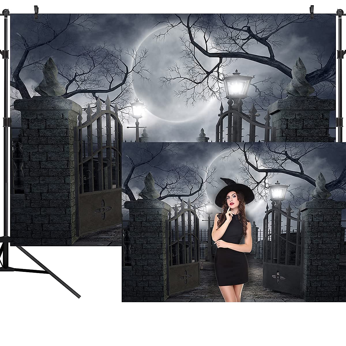 OUYIDA Halloween Night Full Moon Backdrop Gloomy Woods Graveyard Photography Background Horrible Cemetery Spooky Party Banner Halloween Party Decoration Photo Booth Props 10X8FT TP17H