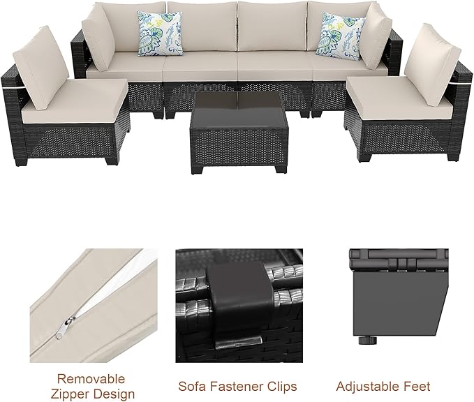 Ophelian 7 Pieces Outdoor Conversation Sectional Rattan Sofa, Patio Furniture Set, with Wicker and Cushions for Garden and Backyard, (Brown/Beige)