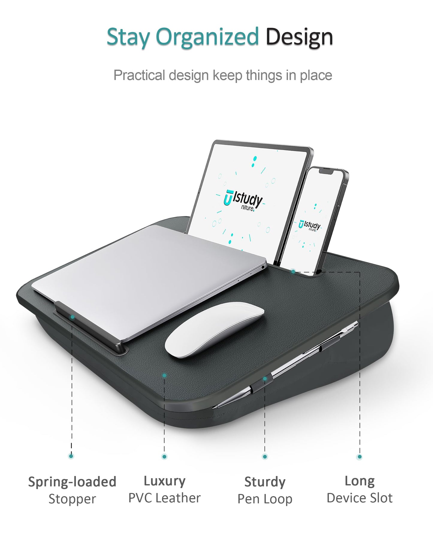 Lap Desk, Portable Laptop Stand with Washable Cushion, Fits up to 17 inch Laptop, with Device Ledge and Phone Holder, Use on Bed,Couch, Sofa, Floor, Home Office– ISTUDYNITURE (Large, Black)