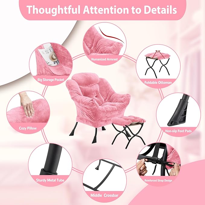 Youtanic Lazy Chair with Folding Ottoman, Accent Chair Plush Upholstered with Metal Structure and Non-Slip Pads, Sofa Armchair with Footrest and Side Storage Bag for Dorm, Room, Office, Pink