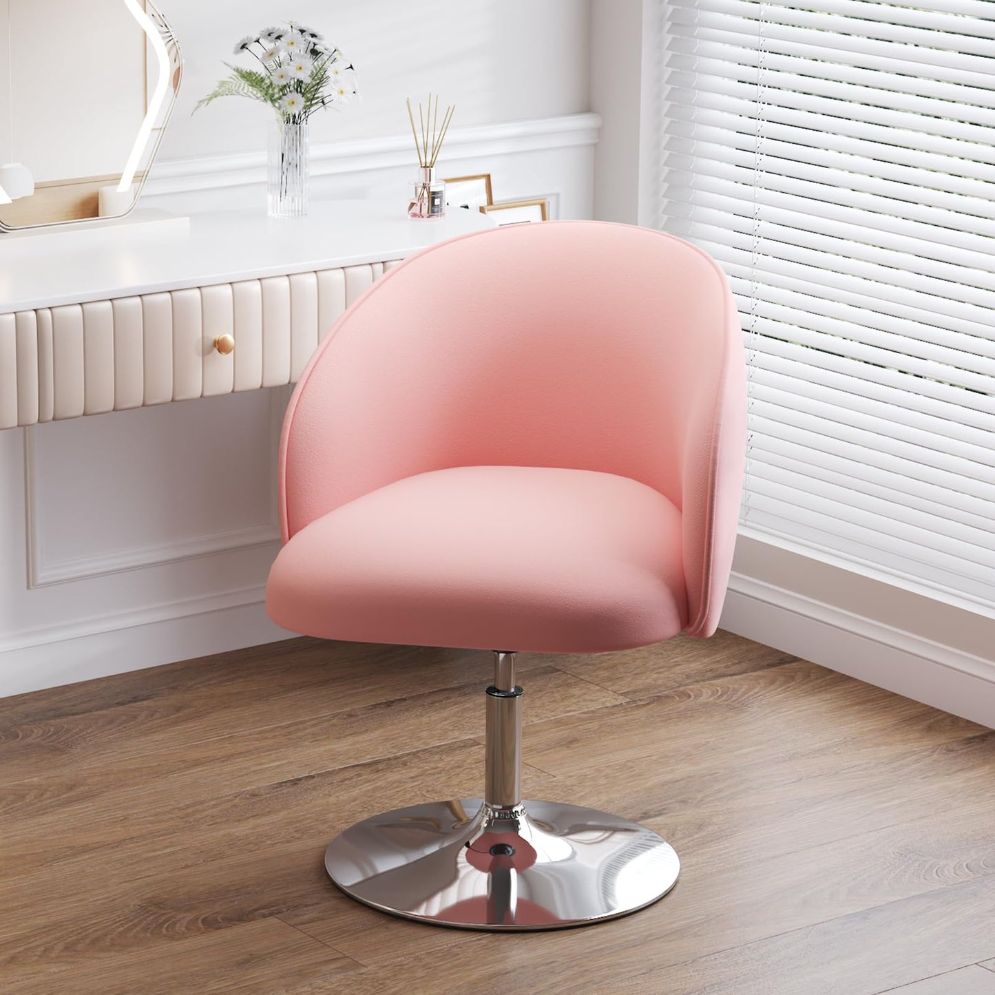 Furniliving Swivel Vanity Stool Contemporary Round Velvet Back Tilt Accent Chairs 360° Makeup Chair with Chrome Frame Height Adjustable Charming Chair Lounge Pub Bar (Pink)
