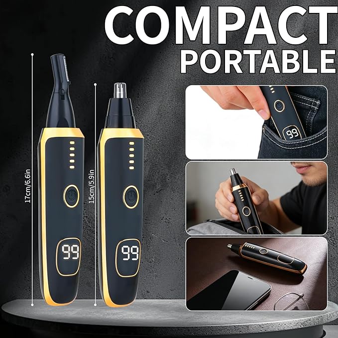 2 in 1 Nose and Ear Hair Trimmer with LED Display, Rechargeable Electric Nasal Hair Clipper for Men & Women, Eyebrow & Facial Hair Removal with Dual-Edge Blades, Easy to Clean